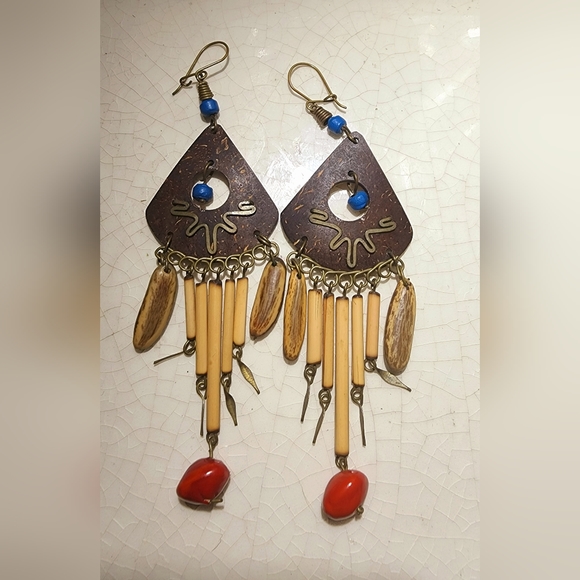 Bohemian Egyptian revival wood, bronze, triangle, blue red bead fringe earrings - Picture 4 of 7